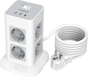 Multiple Socket Surge Protection 3600 W 16 A, TESSAN 8-Way Power Strip USB C Multiple Plug, Power Strip with 2 m Extension Cable, Socket Tower Distribution Socket for Home, Grey