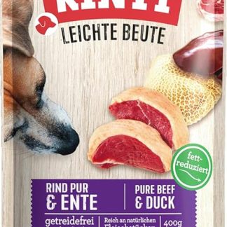 RINTI - Easy Prey | Fat Reduced Wet Food with Natural Meat Pieces for Sensitive Adult Dogs Complete Food in Bag without Artificial Additives | 10 x 400 g Pure Beef + Duck