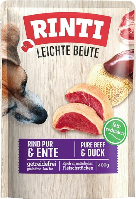 RINTI - Easy Prey | Fat Reduced Wet Food with Natural Meat Pieces for Sensitive Adult Dogs Complete Food in Bag without Artificial Additives | 10 x 400 g Pure Beef + Duck