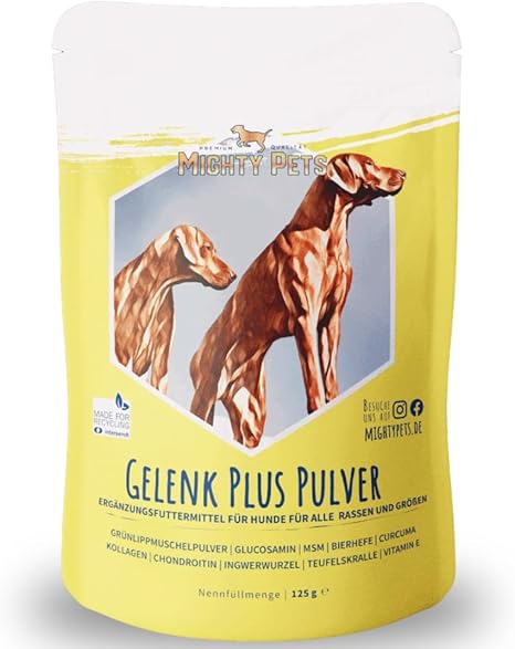 Mighty Pets - Joint Plus Powder (up to 125 Servings) for Dogs with Green-Lipped Mussel, MSM, Devil's Claw, Curcuma, Chondroitin, Glucosamine, Brewer's Yeast from Germany