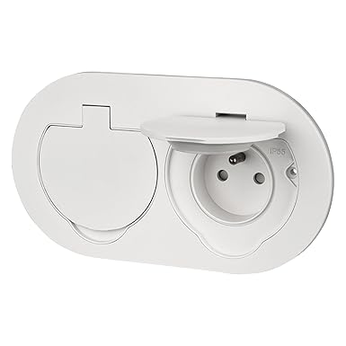 Stainless steel double recessed socket, floor socket IP55, hinged lid, plug-in terminal, type E French