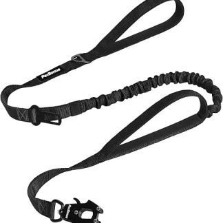 PetBonus Heavy Duty Tactical Dog Lead, 1.5 m Bungee Dog Lead with 2 Padded Handles, Car Seat Belt, No Pull Training Lead for Large and Medium Dogs (Black)