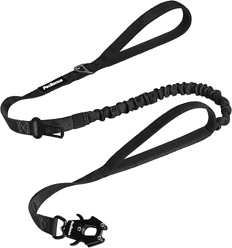 PetBonus Heavy Duty Tactical Dog Lead, 1.5 m Bungee Dog Lead with 2 Padded Handles, Car Seat Belt, No Pull Training Lead for Large and Medium Dogs (Black)