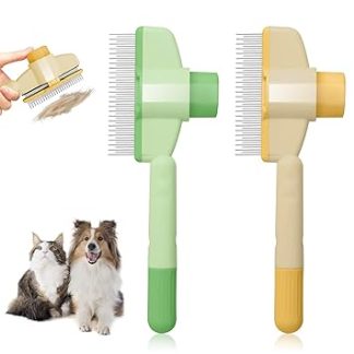 Pack of 2 Self-Cleaning Pet Flea Comb Grooming Brush, Grooming Brush for Cats and Dogs, Cat Hair Brush with Release Button, Cat Dog Brush for Massaging and Cleaning Hair