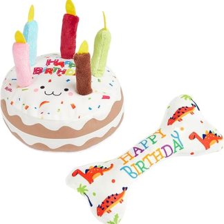 Anseom Pack of 2 Dog Birthday Toy Set, Durable Dog Birthday Plush Toy, Dog Cake Birthday for Dogs, Soft and Comfortable, Squeaky, Birthday Gifts