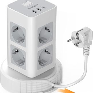 TESSAN Multiple Socket with USB C, 8-Way Power Strip with Retractable Extension Cable, Multiple Plug Power Strip with 2 m Extension Cord, Socket Tower Distribution Socket for Home