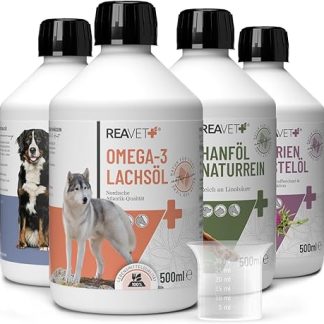 ReaVET Dog Food Oil, 4 Varieties x 500 ml, Barf Oil Dog, Food Oil Dog, High-Quality Barf Oil Dog, Barf Additive Dog, Natural Species-Appropriate