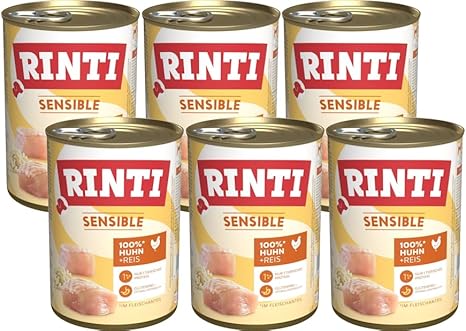 Rinti Sensitive Chicken + Rice, 6 x 400 g, Hypoallergenic Wet Food for Dogs, Gluten-Free & Soy Free, Only 1 Protein Source, For Sensitive Dogs and Allergy Sufferers, Complete Food