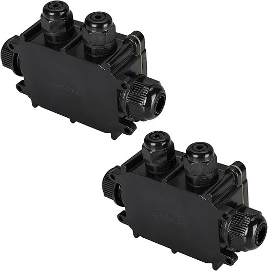 LVYXON Set of 2 Waterproof Junction Boxes, 4-Way Junction Box, IP68 Waterproof Junction Box, Diameter 4-9 mm, 9-12 mm, 12-15 mm, 450 V, 24 A, Black Outdoor Junction Box Garden