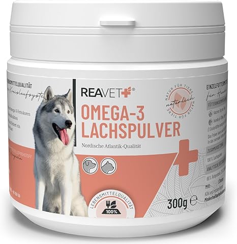 ReaVET Salmon Oil Powder Dogs & Cats 300 g Salmon Powder I Omega 3 & 6 Barf Additive Dog I Alternative to Salmon Oil I Food Additive for Joints & Grooming Salmon Flour