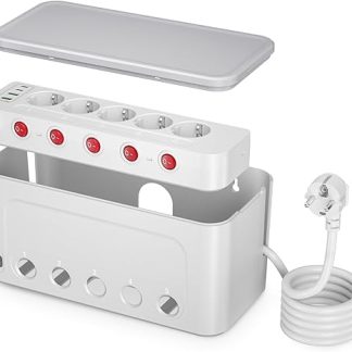 Cable Box with Power Strip, Individually Switchable, 5-Way Multiple Socket with Switch and 5 Sockets, 4 USB, Wall Mounting, Large Organiser Box with Power Strip, 1.5 m Cable, 29 x 14 x 14 cm, White