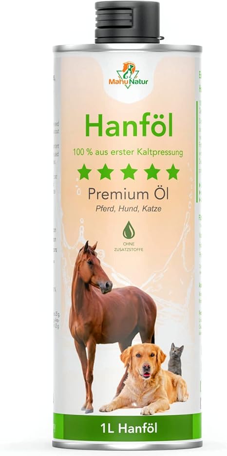 Mahu Natur 1 L Hemp Oil for Dogs and Horses I Natural Barf Oil Additive - Over 80% Unsaturated Fatty Acids (Omega 3 & Omega 6) for Skin + Coat in 1000 ml Recyclable Tin