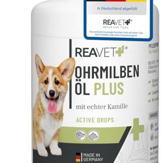 ReaVET Ear Mite Oil Plus 110 ml Instant Effective Remedy for Dogs - Against Ear Mites with Chamomile, Gentle Care for Itching in the Ear, Ear Drops Mites, Ear Cleaner