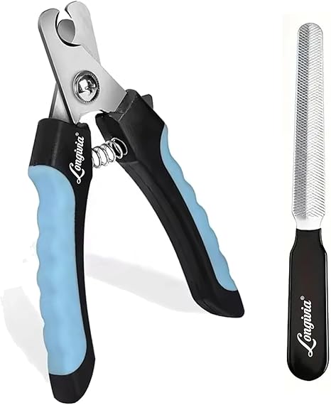 Longivia Professional Claw Scissors for Dogs and Cats, 15.5 cm, Stainless Steel with Nail File, Claw Clippers, High Quality, Claw Cutter for Large and Small Dogs, with Safety Protection, Black/Blue