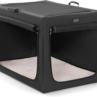 Petsfit Foldable Dog Box for Large Dogs, Dog Box for Home, Kennel, Adjustable Design, Dog Transport Box, Tear-Resistant Mesh Window & Thickened Plush Bed Insert (L, Black)