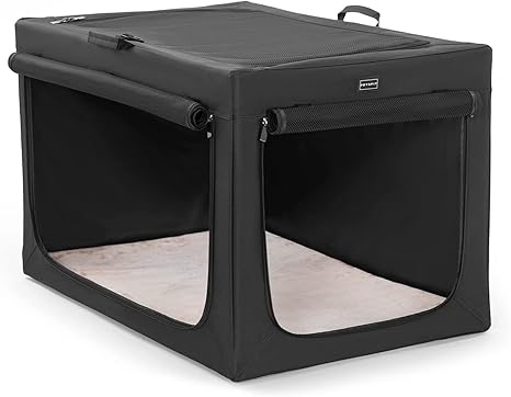 Petsfit Foldable Dog Box for Large Dogs, Dog Box for Home, Kennel, Adjustable Design, Dog Transport Box, Tear-Resistant Mesh Window & Thickened Plush Bed Insert (L, Black)