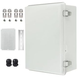Waterproof Electrical Box with Mounting Plate, IP67 Junction Box, Stainless Steel Latch, Hinge, Grey Cover, Project Enclosure with Wall Mount and 2 Fittings, 14 x 10 x 6