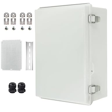 Waterproof Electrical Box with Mounting Plate, IP67 Junction Box, Stainless Steel Latch, Hinge, Grey Cover, Project Enclosure with Wall Mount and 2 Fittings, 14 x 10 x 6