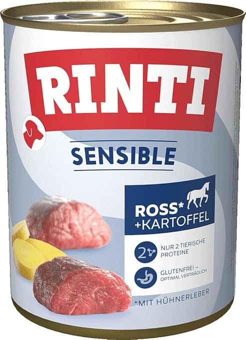 RINTI - Sensitive Wet Food for Sensitive Adult Dogs with Natural Meat Pieces Grain-Free Complete Food in a Tin without Additives 6 x 800 g Ross, Chicken Liver + Potato