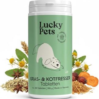 Lucky Pets Grass & Poo Eater Tablets Dog - 100% Plant-Based and Stomach Friendly - With Elm Bark and Healing Clay - Grass and Waste Eater Drops Dog Against Eating Behavior in Nutrient Deficiency