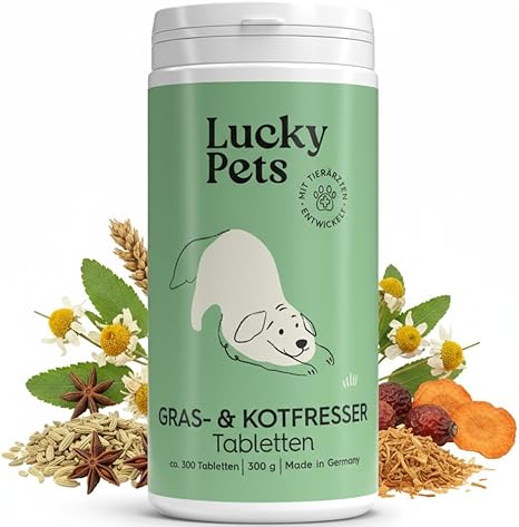 Lucky Pets Grass & Poo Eater Tablets Dog - 100% Plant-Based and Stomach Friendly - With Elm Bark and Healing Clay - Grass and Waste Eater Drops Dog Against Eating Behavior in Nutrient Deficiency