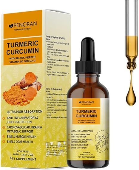 Turmeric and Curcumin Drops for Dogs & Older Dog & WorkDogs: Joint Mobility and Flexibility, Pain Recovery, Digestion, Brain, Liver, Bones, Muscles, Skin, Coat - Better Absorption