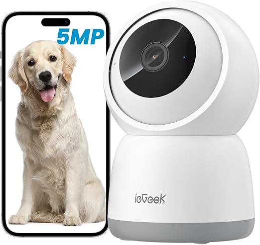 ieGeek 5MP Indoor Surveillance Camera, Cat Dog Camera, 2.4G/5GHz WiFi, Baby Monitor with Camera, 15 m Night Vision, Motion Detection, Car Tracking, One Touch Patrol, 2-Way Audio, Alexa