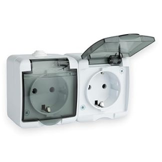 2-Way Socket with Smoked Glass Hinged Lid, 230 V, 16 A, IP44, Horizontal Schuko Socket with Wet Room Socket, Surface-Mounted Socket for Wet Rooms, Splash-proof and Dustproof, White