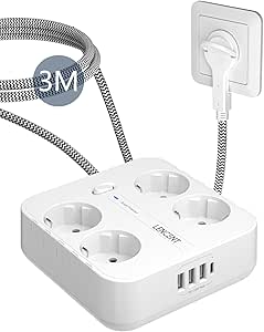 LENCENT 4-Way Flat Plug Power Strip, USB Power Strip with Surge Protection, 4 AC, 3 USB and 1 Type C Ports, Power Strip with 3M Braided Cable for Wall Socket