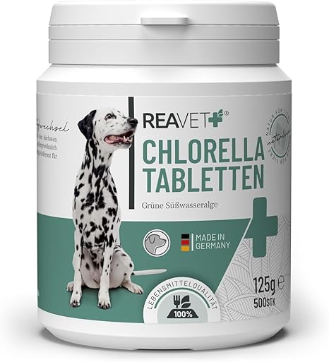 ReaVET Chlorella Tablets for Dogs Pack of 500 - High Dose Food Grade Microalgae Supports Skin & Coat, Chlorella Algae Tablets Lots of Protein