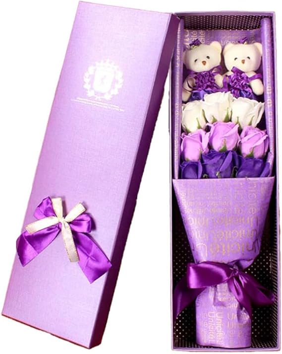 9 Rose Soap Flowers Bear Bouquet Suitable for All Kinds of Celebrations (Purple)