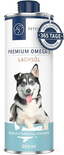 PetFokus Premium Omega-3 Salmon Oil for Dogs - 100% Pure Oil, Delicious Flavour, for All Breeds and Ages - Made in Germany