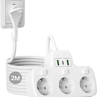 Flat Plug Socket Strip, Individually Switchable, 3-Way Multiple Socket with Switch, 3 Plug Strip, Wall Mounting, Multiple Plug, Extra Flat Plug, Double Plug for Socket, 2 m Cable, White