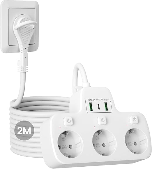 Flat Plug Socket Strip, Individually Switchable, 3-Way Multiple Socket with Switch, 3 Plug Strip, Wall Mounting, Multiple Plug, Extra Flat Plug, Double Plug for Socket, 2 m Cable, White