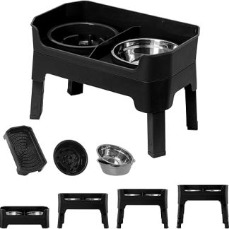 FOREYY 4-in-1 Adjustable Dog Bowl Raised with 2 Stainless Steel Bowls and 1 Anti Sling Bowl, Dog Feeding Bowl Raised in 4 Heights, Non-Slip Dog Feeding Station for Medium and Large Dogs (Black)