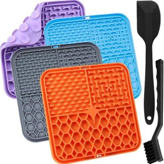 Aileem Pack of 4 Dog Licking Mat for Puppies Cats with Suction Cup - Slow Feeder Dog Lick Mat for Pet Bathing & Grooming, with Silicone Spatula + Brush