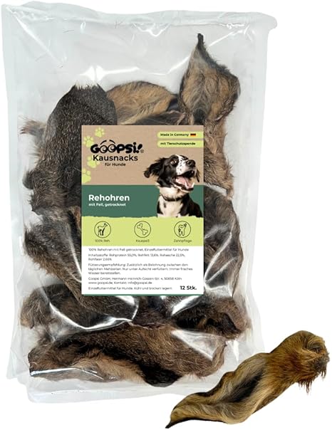 GOOPSI Deer Ears for Dogs – Pack of 12 Ears with Fur Chew Items Dog Wild Natural Chew Item Teeth Cleaning Dog Treats Chewing Treat Fun from Germany