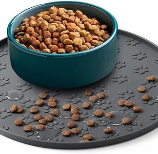 Cat Bowl Mat, 27 x 27 cm, Silicone Mat, Round, Non-Slip Mat, Dog Bowl for Food, Waterproof Silicone Feeding Mats for Medium and Small Pets (1 Pack, Grey, 27 cm x 27 cm)