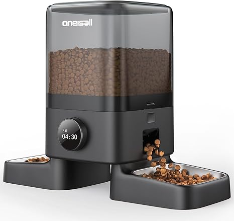 oneisall 5L Automatic Cat Feeder 2 Bowls, Wireless Cat Food with 304 Stainless Steel Bowl, 1-6 Meals a Day, Feeder Dry Food Dispenser for Dogs Cats