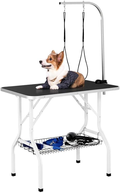Yaheetech Portable Pet Grooming Table Dog Grooming Table for Household Bathing, Hair Drying and Hair Cutting Trimming Table with Mesh Basket for Dogs/Cats, Black, Height Adjustable
