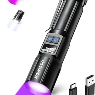 MOWETOO Rechargeable LED UV Lamp Black Light 2 in 1, 395 nm Zoomable UV Light Torch with 5 Modes and LCD Display for Urine Examination of Pets, Banknote Control, Outdoor
