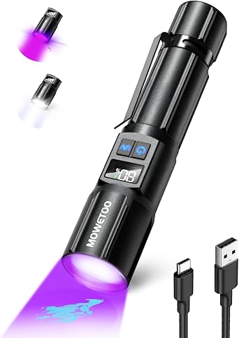 MOWETOO Rechargeable LED UV Lamp Black Light 2 in 1, 395 nm Zoomable UV Light Torch with 5 Modes and LCD Display for Urine Examination of Pets, Banknote Control, Outdoor