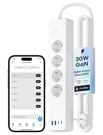 Meross Matte Power Strip USB C Charger 30 W, Smart Multiple Sockets WLAN Fast Charger Works with Alexa, Apple HomeKit and Google, 16A, FFS Ver.