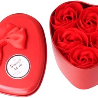 6 x Rose Soap Flowers in Gift Box, Heart-Shaped Iron Box, Rose Petal, Bath Body Soap, Wedding Party Gift, Scented Decor for Valentine's Day, Mother's Day, Anniversary (One Size, Red)