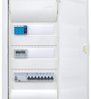 Hager Cavity Wall Distributor with Counter 3-Row VH36NC with Surge Protection I Ready to Connect Wired with Terminal Block I Equipping 1x FI 4-Pin + 1x 3-Pin + 5x 1-Pin LS B16A