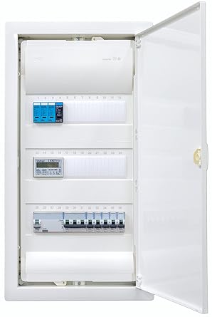 Hager Cavity Wall Distributor with Counter 3-Row VH36NC with Surge Protection I Ready to Connect Wired with Terminal Block I Equipping 1x FI 4-Pin + 1x 3-Pin + 5x 1-Pin LS B16A