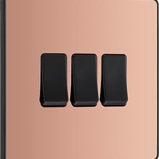 BG Electrical PCDCP43B Triple Wall Light Switch, 2 Way, Screwless Faceplate, Round Edges, Evolve, Polished Copper, 20A, 16AX, PCDCP43B