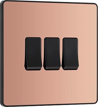 BG Electrical PCDCP43B Triple Wall Light Switch, 2 Way, Screwless Faceplate, Round Edges, Evolve, Polished Copper, 20A, 16AX, PCDCP43B