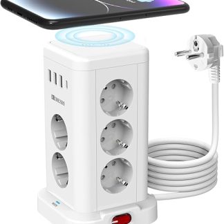 11 Socket Tower with USB-C | Multiple Socket with Wireless Charger | 11-Way Power Strip (11 Schuko + 4 USB) | Surge Protection, Switch | 2 m Extension Cable | White - for Kitchen/Office