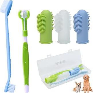 5 Piece Dog Toothbrush Set, Finger Toothbrush, Silicone, Pet Finger Toothbrush for Dogs and Cats, Oral Hygiene, Deep Cleaning with Storage Case, Dental Plaque, Dental Care (Blue, Transparent